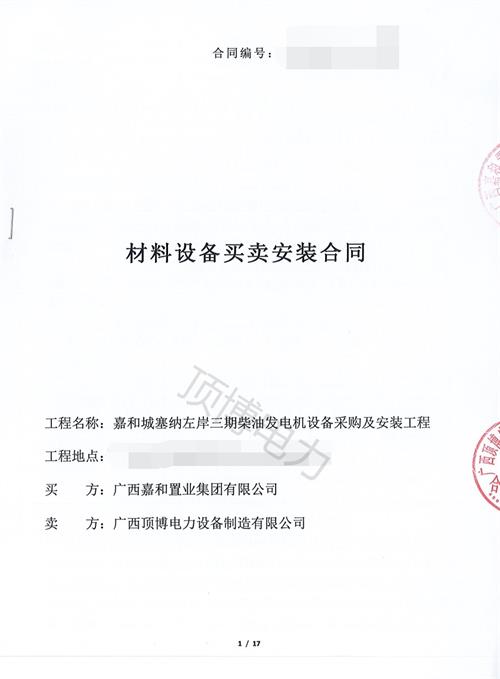 广西嘉和置业集团有限公司购置400KW\350KW上柴发电机组各1台