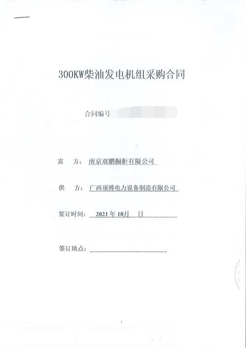 江苏南京双鹏橱柜有限公司订购300KW玉柴发电机组一台